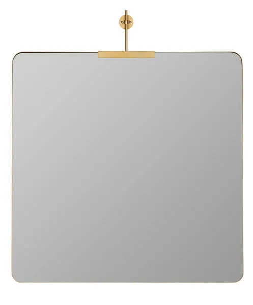Faith Square Wall Mirror with shimmering gold metal frame and round wall mount above square mirror with rounded corners