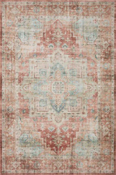 Heidi terracotta and aqua vintage style rug with old-world medallion patterns and distressed texture