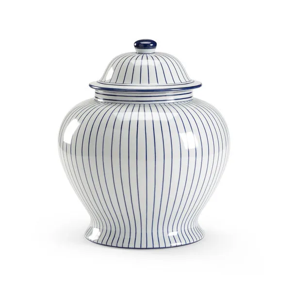 Classic blue and white porcelain urn with vertical blue stripes and removable lid, 14.5 inches tall