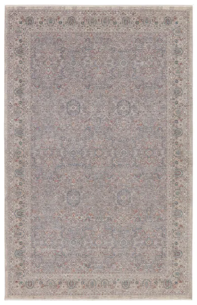 Traditional floral taupe and light gray rectangular rug with intricate ornate patterns in blue, red, and cream 3x8 feet