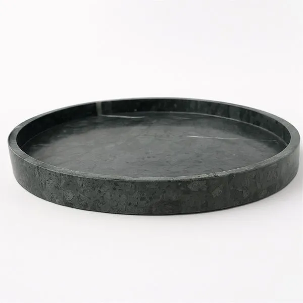 Large round tray with a rich dark green marble-like finish and a low lip edge