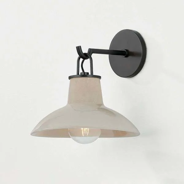 Pottersville Wall Sconce with beige glazed ceramic shade, black metal wall mount and exposed bulb