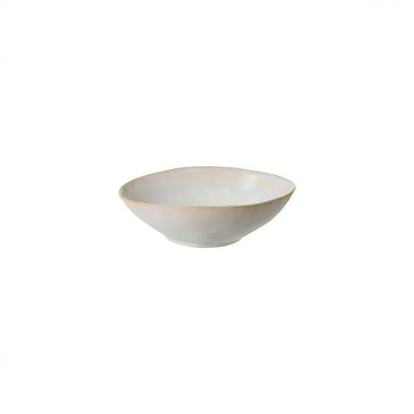 Shallow white ceramic stoneware bowl with soft irregular rim and subtle blue glaze accents