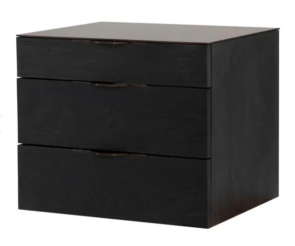 Drift Side Table shown at a three-quarter angle highlighting drawer depth and smooth steel top