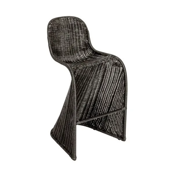 S-shaped dark rattan bar stool with contoured seat and built-in footrest, modern rustic design
