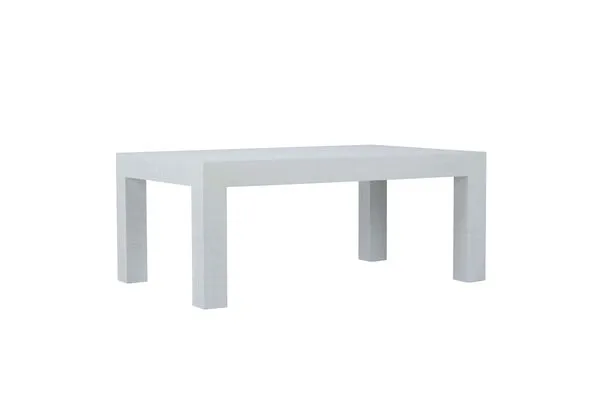 White Sanibel Coffee Table with classic Parsons silhouette wrapped in textured raffia