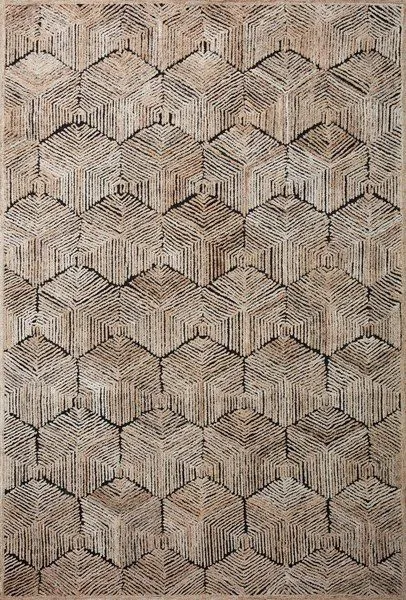 Beige rug with tone-on-tone geometric hexagonal pattern in high-low pile texture
