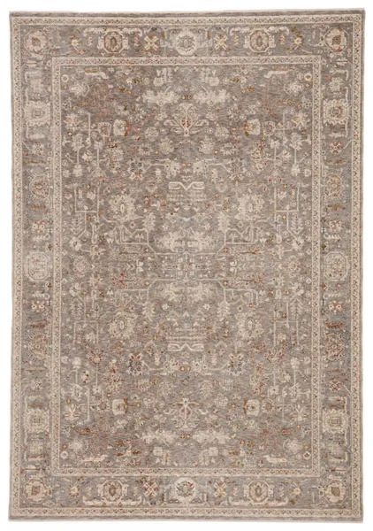 Amaris Oriental Gray/Cream Traditional Rug with intricate floral motifs in gray, cream, tan, and hints of red