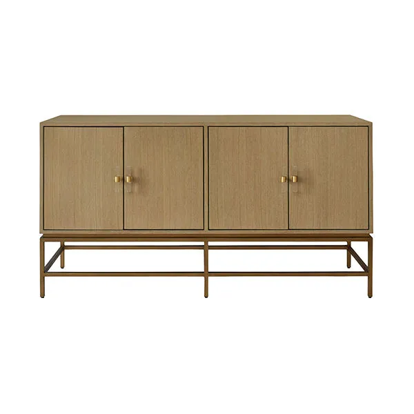 Cerused oak sideboard with four doors, brass-accented hardware, and slim metal base in warm brass finish