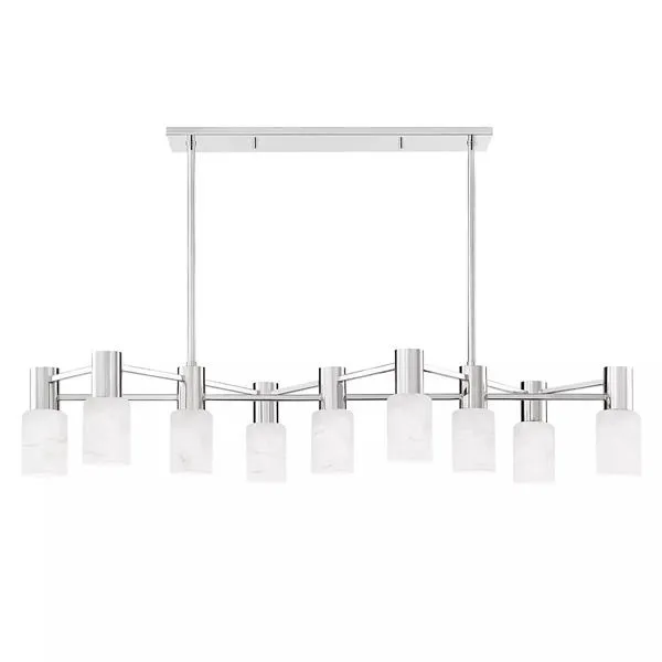 Centerport 9 Light Island Light with nine cylindrical frosted glass shades and brushed nickel finish