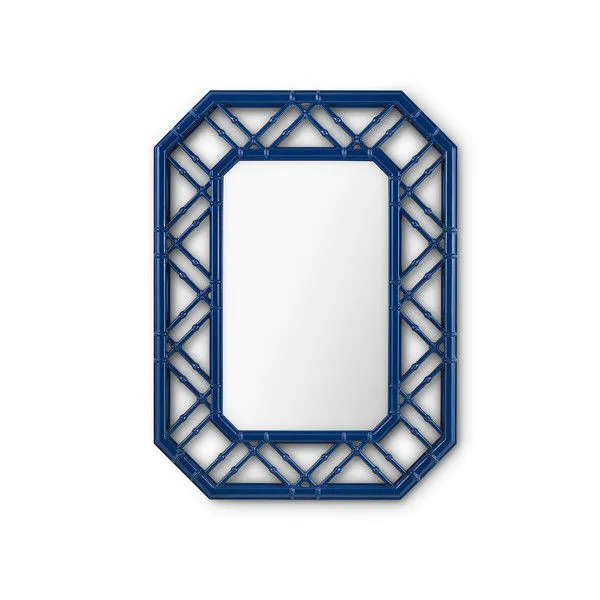 Rectangular mirror with marine blue geometric lattice frame and angled octagonal corners