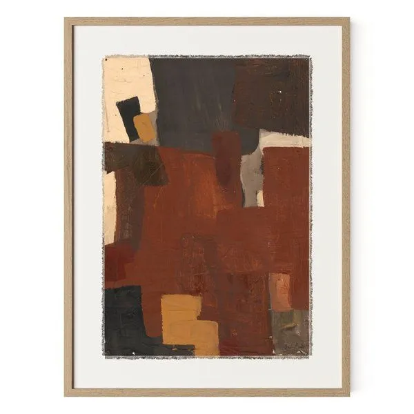 Abstract painting with layered rectangular shapes in earthy reds, browns, black, and cream in a simple light wood frame