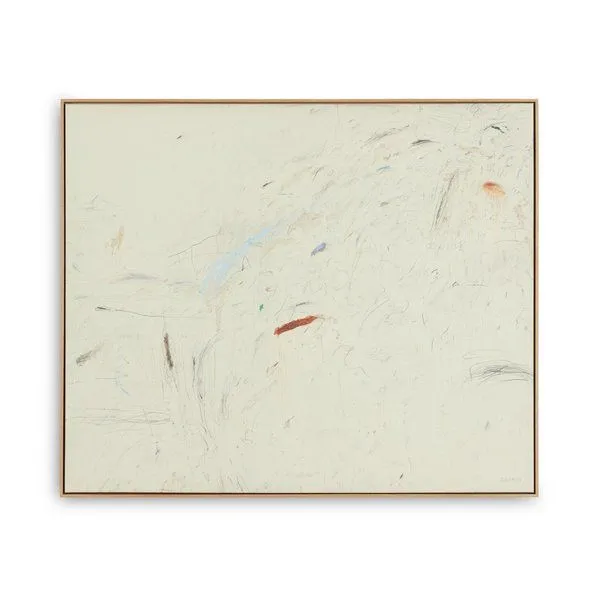 Abstract-expressionist painting with soft cream background and subtle scribbles in muted tones, framed in light wood