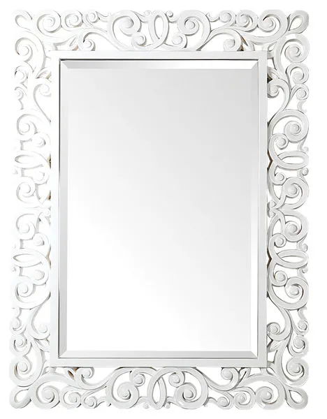 Rectangular wall mirror with ornate white scrollwork frame and beveled inner edge