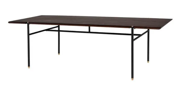 Rectangular stacking dining table with smoked wood top and slim black metal legs with gold caps