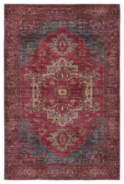 Distressed medallion pattern rug with floral details in red, blue, brown, green, and orange tones