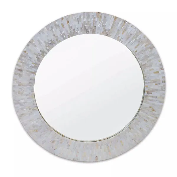 Round Chantal Mirror with a white and natural mosaic-style frame featuring intricate tile detailing