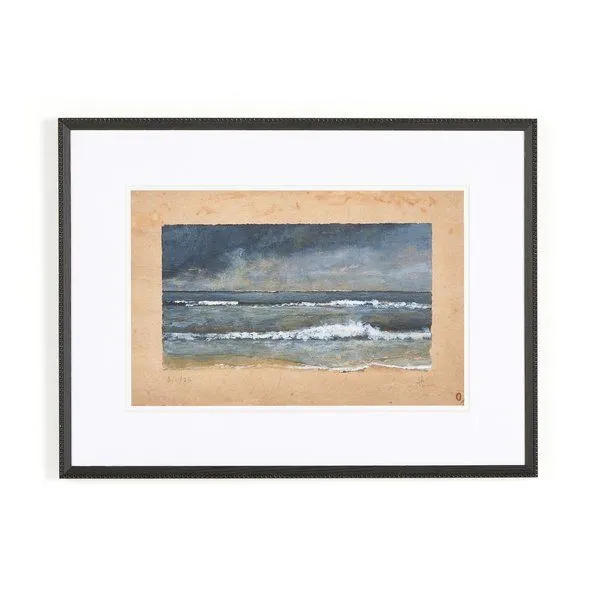 landscape painting Backwash by Aileen Fitzgerald showing blurred ocean waves under moody blue-gray sky in black distressed...