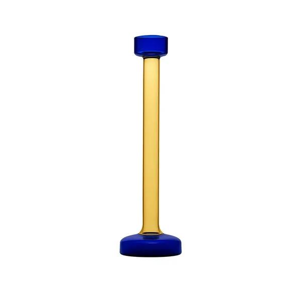 Tall glass candle holder with slender amber yellow stem and cobalt blue base and top