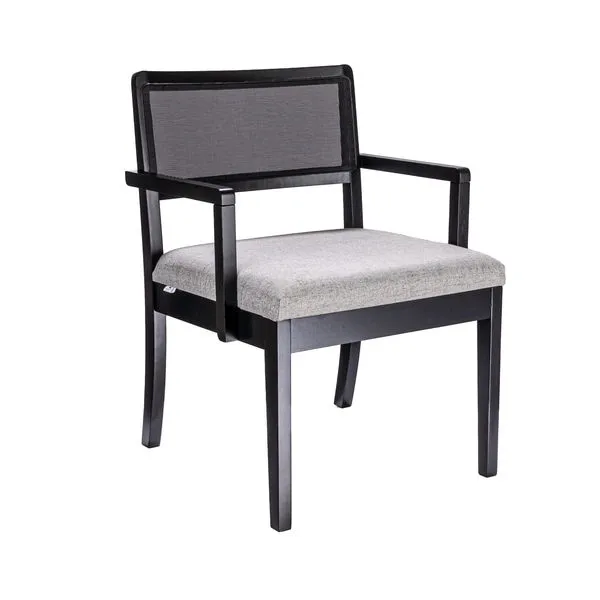 Bramblewood Arm Chair with black eucalyptus wood frame, black cane backrest panel, and light gray cushioned seat