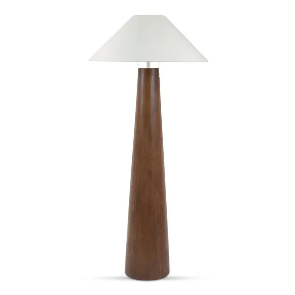 Tall floor lamp with a smooth, expansive brown resin base and a large white linen shade angled downward