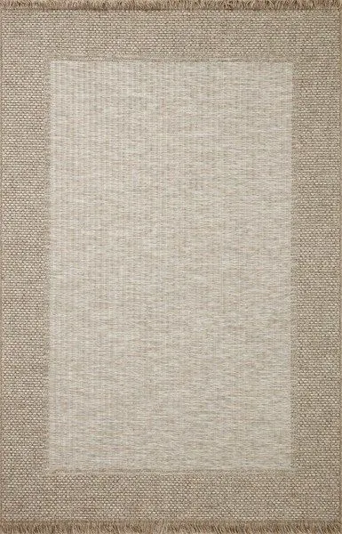 Beige toned rectangular indoor/outdoor rug with a solid border and short fringe edging