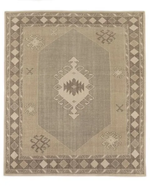 Hand-knotted Samsa rug with vintage Turkish-inspired motifs in a muted beige and gray palette
