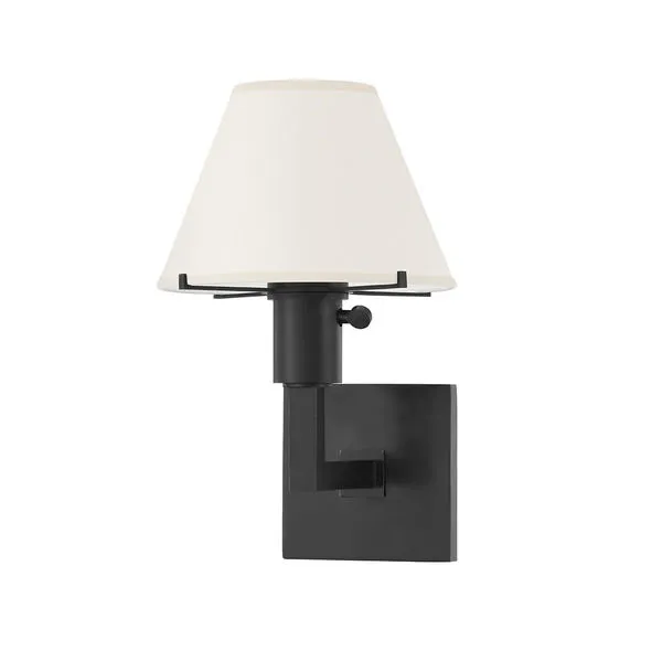 Leeds 1 Light Wall Sconce with black steel base and adjustable arm, topped with off-white fabric shade