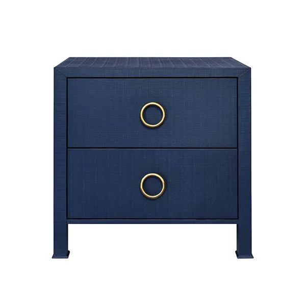 Edelman Side Table in navy blue with two drawers and brass ring pulls, modern silhouette with textured finish