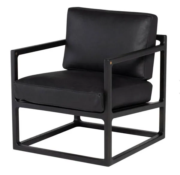 Three-quarter angled view highlighting plush leather cushions and open geometric armrests