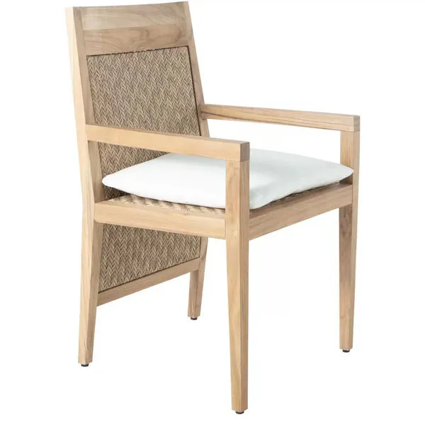 Savannah Teak Arm Chair with natural teak frame, woven back panel, and white seat cushion for outdoor dining