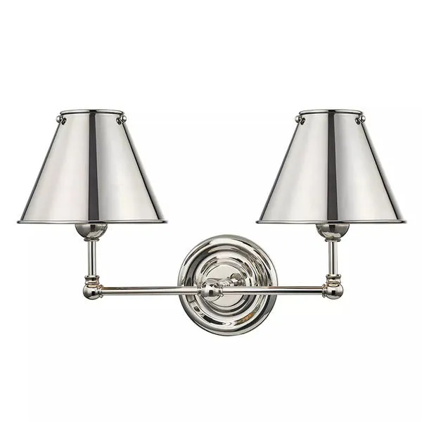 Classic No.1 2 Light Wall Sconce with polished metal finish and conical metal shades