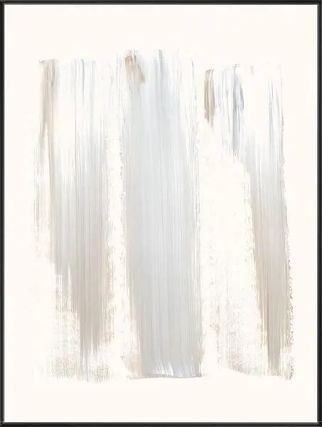 Abstract modern painting with vertical brushstrokes in taupe, gray, and white on cream background, framed in espresso wood