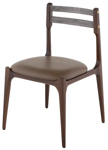 Assembly Dining Carmel Chair with sepia leather cushioned seat and dark walnut wood frame with dual horizontal back slats
