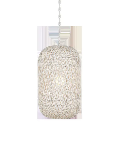 Tall cylindrical pendant light with a vanilla wrought iron frame wrapped in cream Kraft paper twine