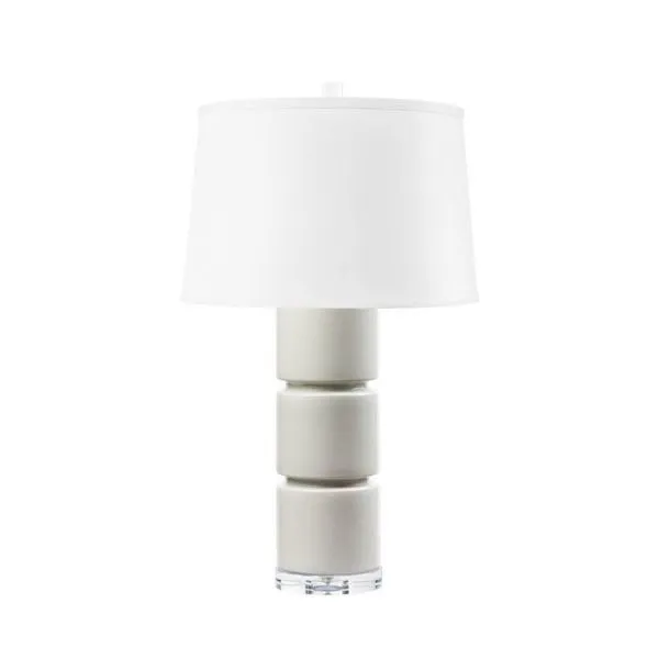 Modern Charles Lamp with three-section ceramic column, white opaque glaze, clear acrylic base, and white drum shade