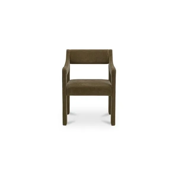 Elise Dining Chair in performance fabric with gently sloped arms, continuous frame, and piping around edges in brown
