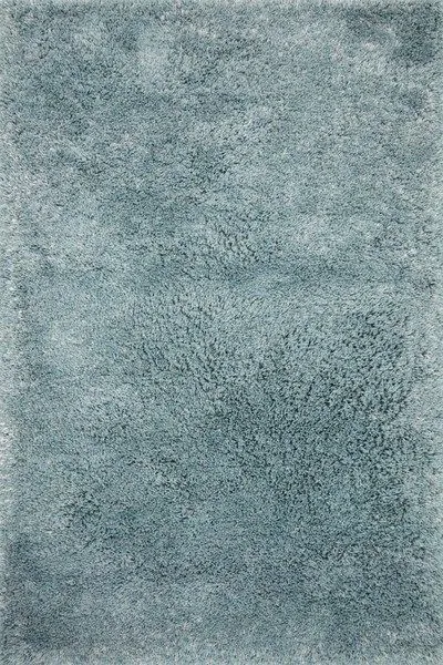 rectangular Mila Shag Spa Rug in soft blue with thick and thin twisted plush yarn, hand-tufted texture