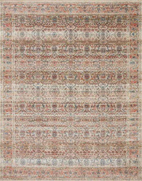 Traditional Saban Sand Rust Rug with intricate floral and geometric polyester pile patterns in warm sand, rust, and blue t...