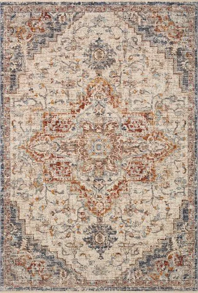 Ivory traditional area rug with intricate faded medallion pattern in warm vintage tones of rust, blue, and beige