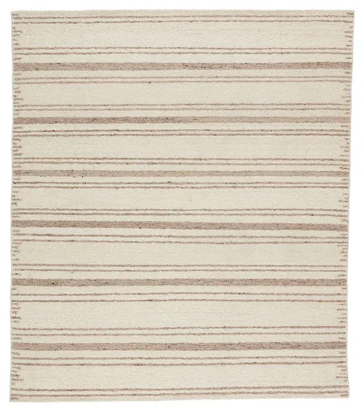 Handmade rectangular modern rug with cream and brown horizontal stripes in a re-invented kilim, shearling style