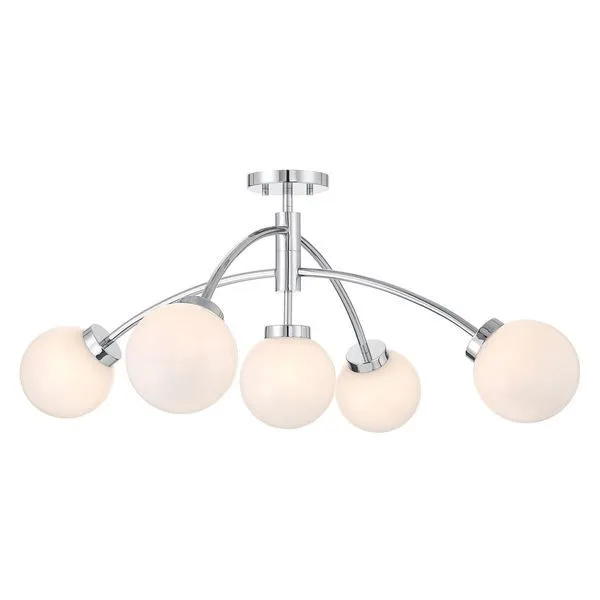 Mid-century modern chrome ceiling light with five swirling white strie glass orb shades on curving arms