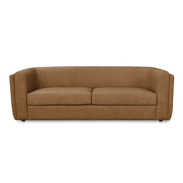 Alora sofa in Brazilian top-grain leather with subtly curved back and rounded arms, tan color