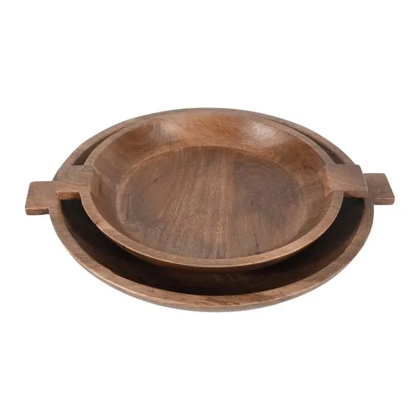 Set of two brown wooden bowls with flat handles, smooth polished finish and rich wood grain stacked together