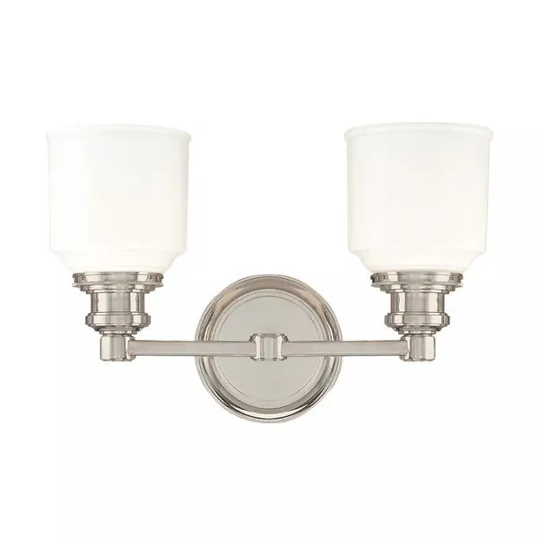 Windham 2 Light Bath Bracket with mouth-blown opal glass diffusers and stepped polished metal arms and round backplate