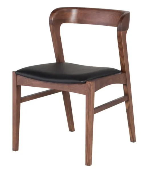 Dining chair with solid American walnut frame and black wool seat cushion featuring midcentury Scandinavian gentle curves