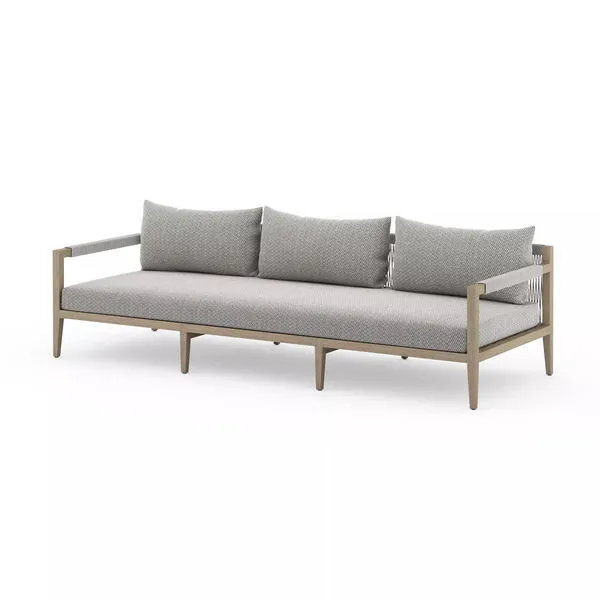 93-inch outdoor sofa with washed brown teak frame, ash-textured UV-resistant cushions, rope-wrapped armrests and cotton wo...