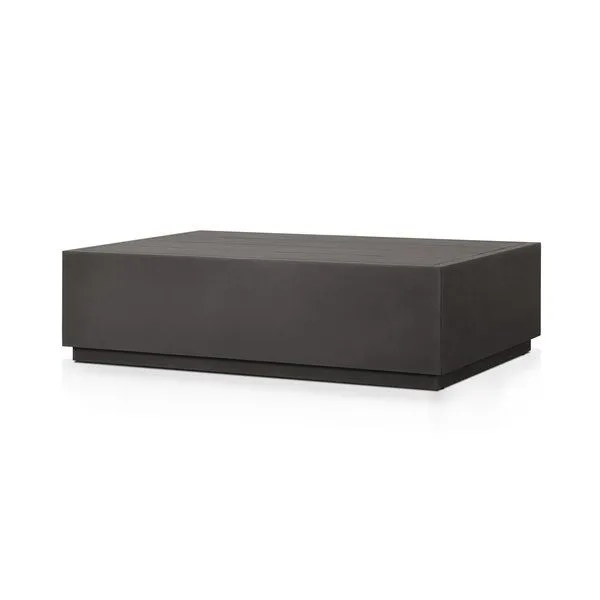 Rectangular dark gray metal outdoor coffee table with plinth base and slatted top