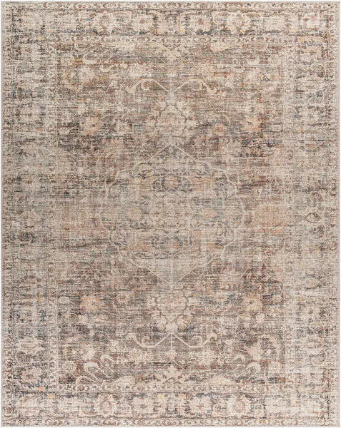Traditional Marlene rug in dark brown with a distressed medallion pattern and intricate border detail