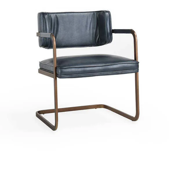 Fonda dining chair with retro cantilever frame, bronze hollow tube, and dark leather welted upholstery